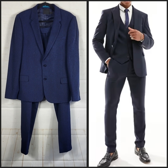 ASOS Skinny Fit Wool Mix Suit Set in Navy Blue Wide Herringbone 40 Reg W 32 Reg - Picture 1 of 16